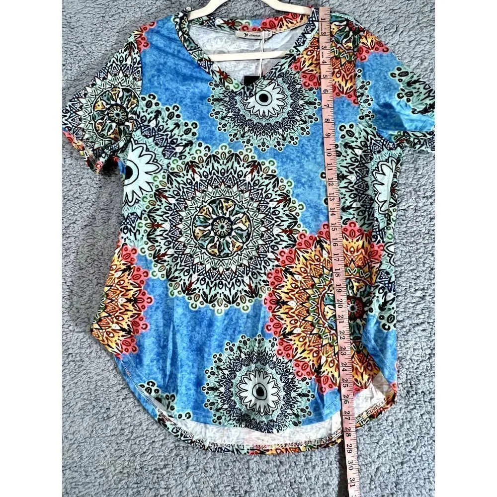 Yidarton Women's XL Short Sleeve Floral V-Neck Vibrant Geometric Blouse - Picture 6 of 7